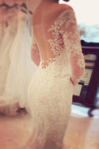 Robe de mariée sirène en dentelle à manches longues et épaules dénudées, modèle WD018