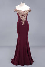 Charming Off-The-Shoulder Mermaid Gold Appliques Prom Dress Slim Floor-Length Evening Gown
