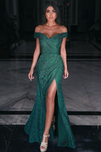 Charming Off-the-Shoulder Prom Gown Front Split Evening Maxi Dress