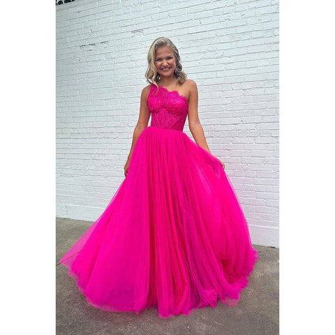 Encantador vestido de fiesta formal de tul sin mangas, largo, de corte A, con un solo hombro