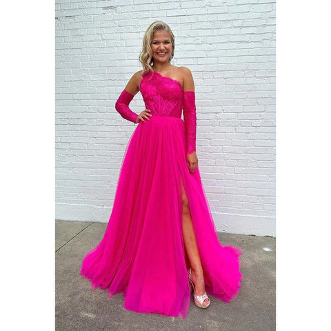 Encantador vestido de fiesta formal de tul sin mangas, largo, de corte A, con un solo hombro