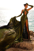 Charming Sleeveless Halter Evening Party Gowns Long Slit Online
