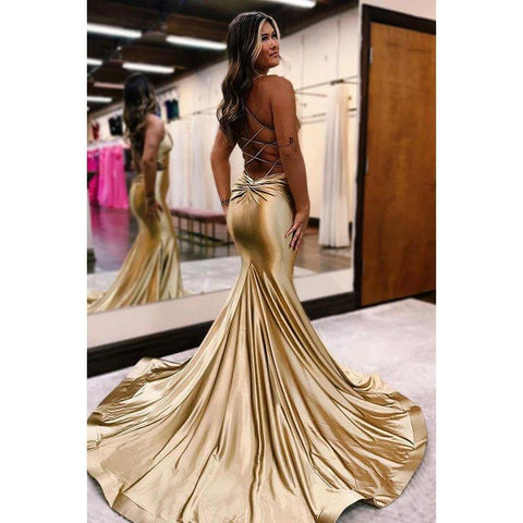 Vestido de fiesta de sirena con escote en V, tirantes finos y espalda descubierta