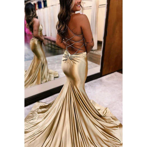 Vestido de fiesta de sirena con escote en V, tirantes finos y espalda descubierta