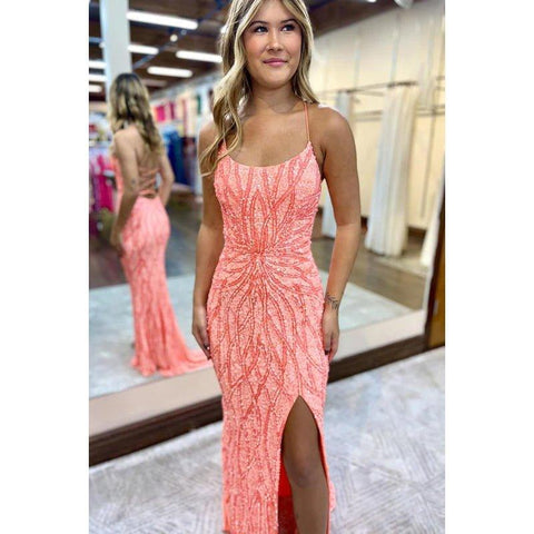 Vestido de fiesta de graduación con lentejuelas, escote redondo, tirantes cruzados, espalda descubierta y brilloso