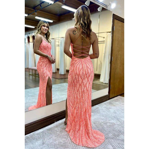 Vestido de fiesta de graduación con lentejuelas, escote redondo, tirantes cruzados, espalda descubierta y brilloso