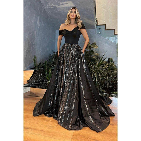 Vestido de fiesta formal con mangas casquillo, hombros descubiertos, largo y brillante, corte A