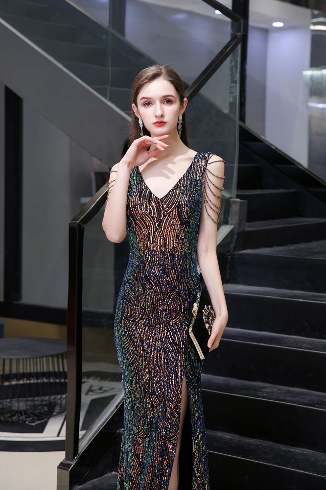 Charming Sparkly Sequins Beading Side Slit Prom Dress Floor Length