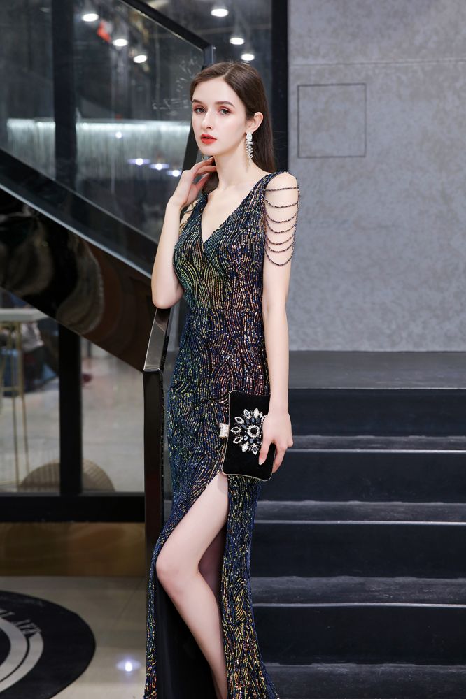 Charming Sparkly Sequins Beading Side Slit Prom Dress Floor Length