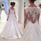 Robe de mariée trapèze à col en V ornée d'appliqués et manches longues WD023