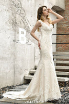 Charming V-Neck Floral Lace Mermaid Bridal Gown Sleeveless Sain Dress For Bride
