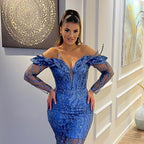 Charming V-Neck Long Sleeves Sheath Mermaid Lace Evening Party Gowns