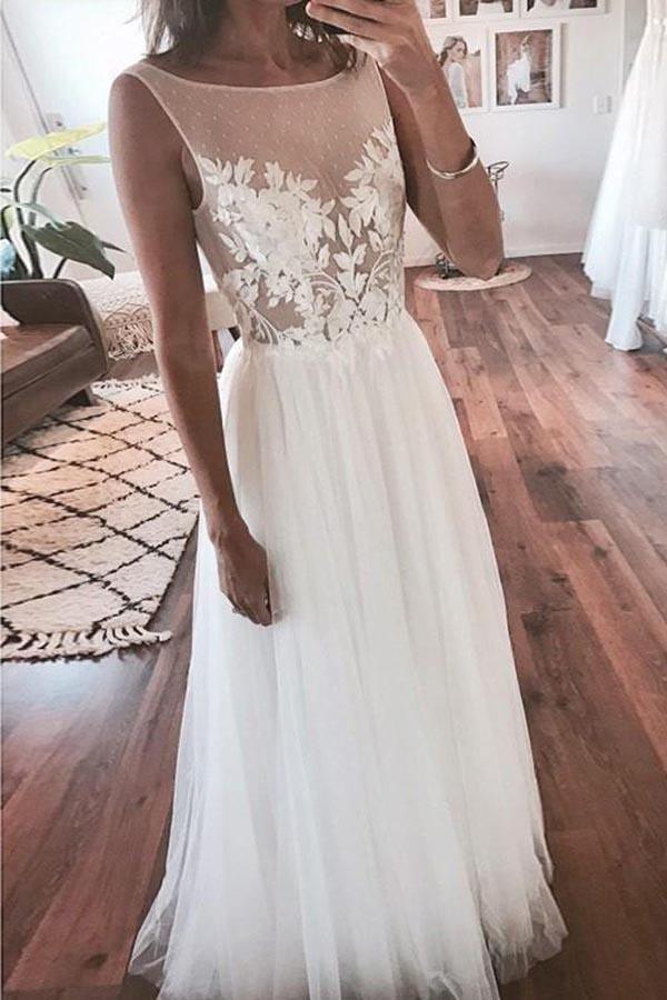 Vestido de novia transparente con apliques de encaje y tul color marfil WD357