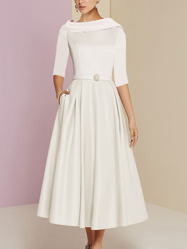 Robes de mère de la mariée de coupe trapèze/princesse, col rond, manches mi-longues, plis et poches 