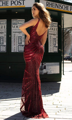 Sequined V-Neck Modest Prom Trumpet Dress