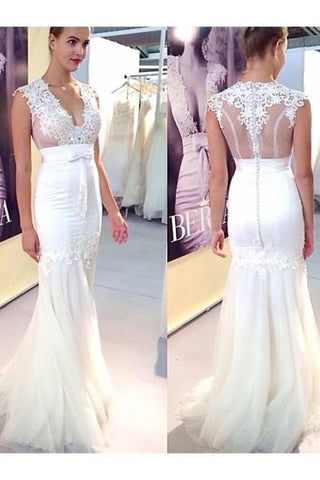 Vestidos de novia elegantes de sirena sin mangas con escote en V y tul con apliques chic 