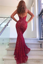 Chic Backless Mermaid Prom Dresses Long Red Sleeveless V-Neck Evening Party Gowns