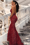Chic Backless Mermaid Prom Dresses Long Red Sleeveless V-Neck Evening Party Gowns
