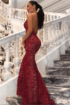 Chic Backless Mermaid Prom Dresses Long Red Sleeveless V-Neck Evening Party Gowns