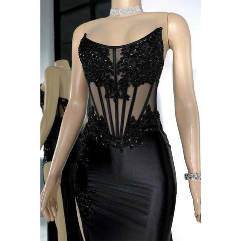 Robe de soirée chic bateau avec appliques perlées illusion et fente latérale 