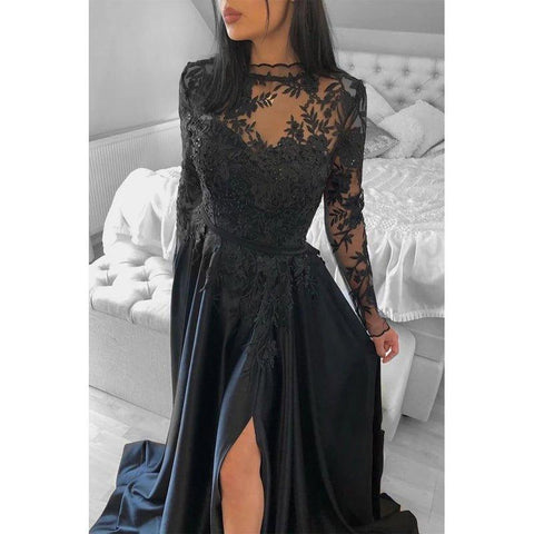 Robe de soirée noire élégante en dentelle illusion à manches longues et décolleté bateau 