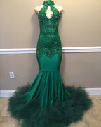 Chic Beads Appliques Halter Prom Dresses Fit and Flare Sleeveless Tulle Evening Gowns