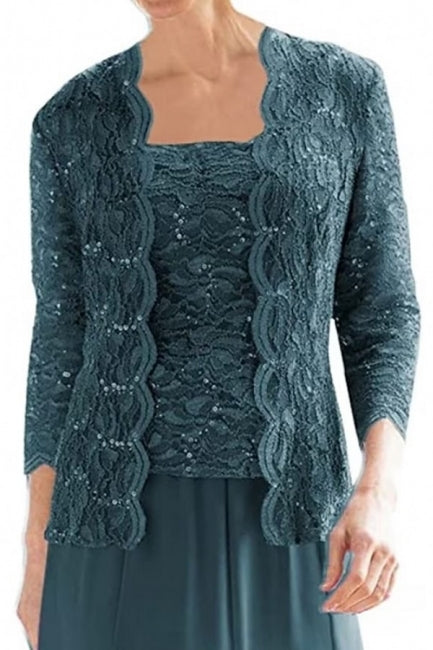 Elegante y precioso vestido de maternidad de corte evasé con encaje y lentejuelas, mangas tres cuartos.