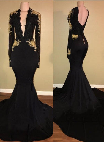 Robes de bal chics noires et dorées, robes de soirée sexy à décolleté plongeant et manches longues