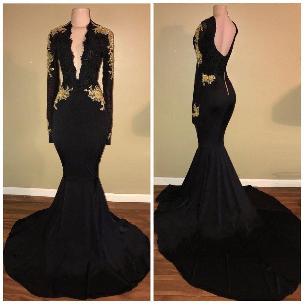 Chic Black and Gold Prom Dresses Sexy Deep V-Neck Long Sleeves Evening Gowns