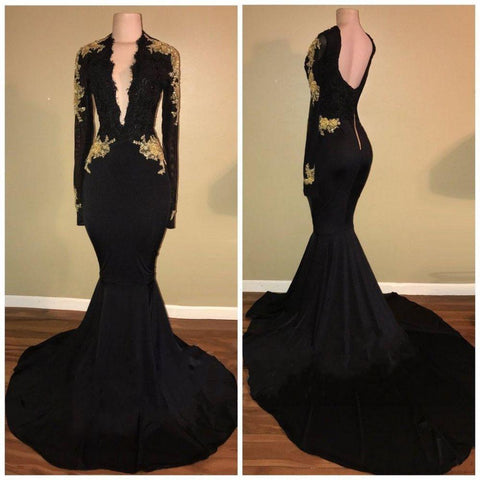 Robes de bal chics noires et dorées, robes de soirée sexy à décolleté plongeant et manches longues