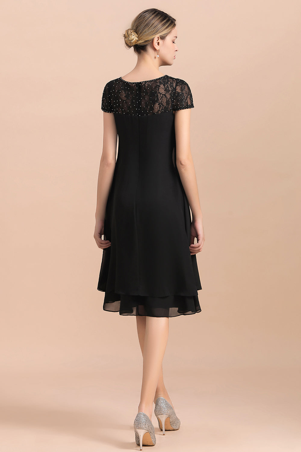 Elegante vestido negro de manga corta para la madre de la novia, de gasa, para bodas y fiestas.