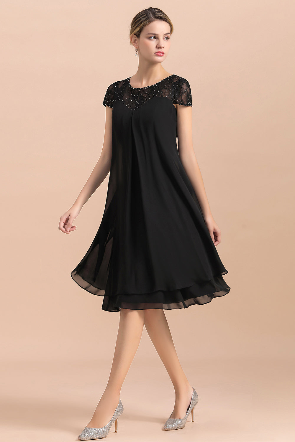 Elegante vestido negro de manga corta para la madre de la novia, de gasa, para bodas y fiestas.
