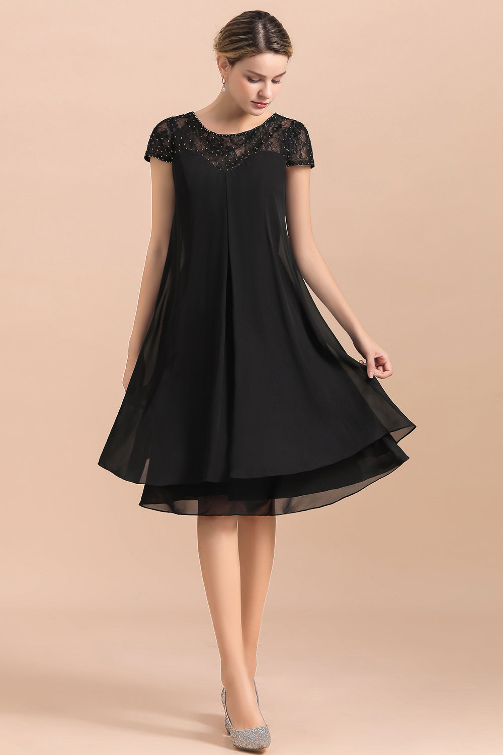 Elegante vestido negro de manga corta para la madre de la novia, de gasa, para bodas y fiestas.