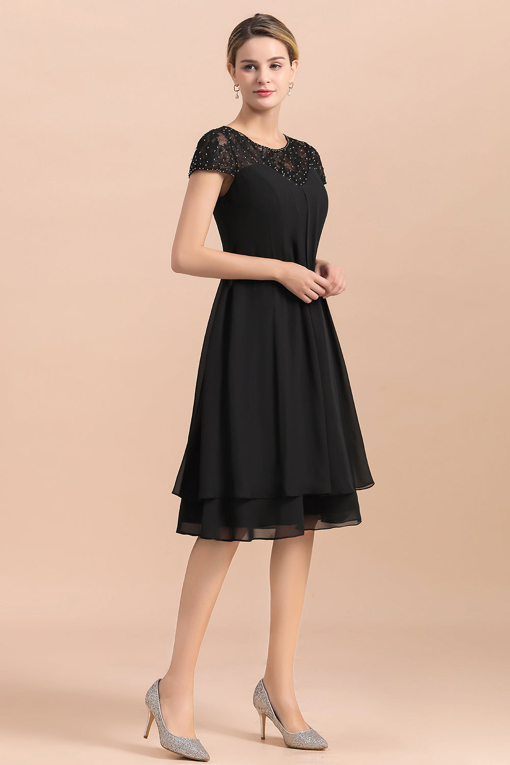 Elegante vestido negro de manga corta para la madre de la novia, de gasa, para bodas y fiestas.