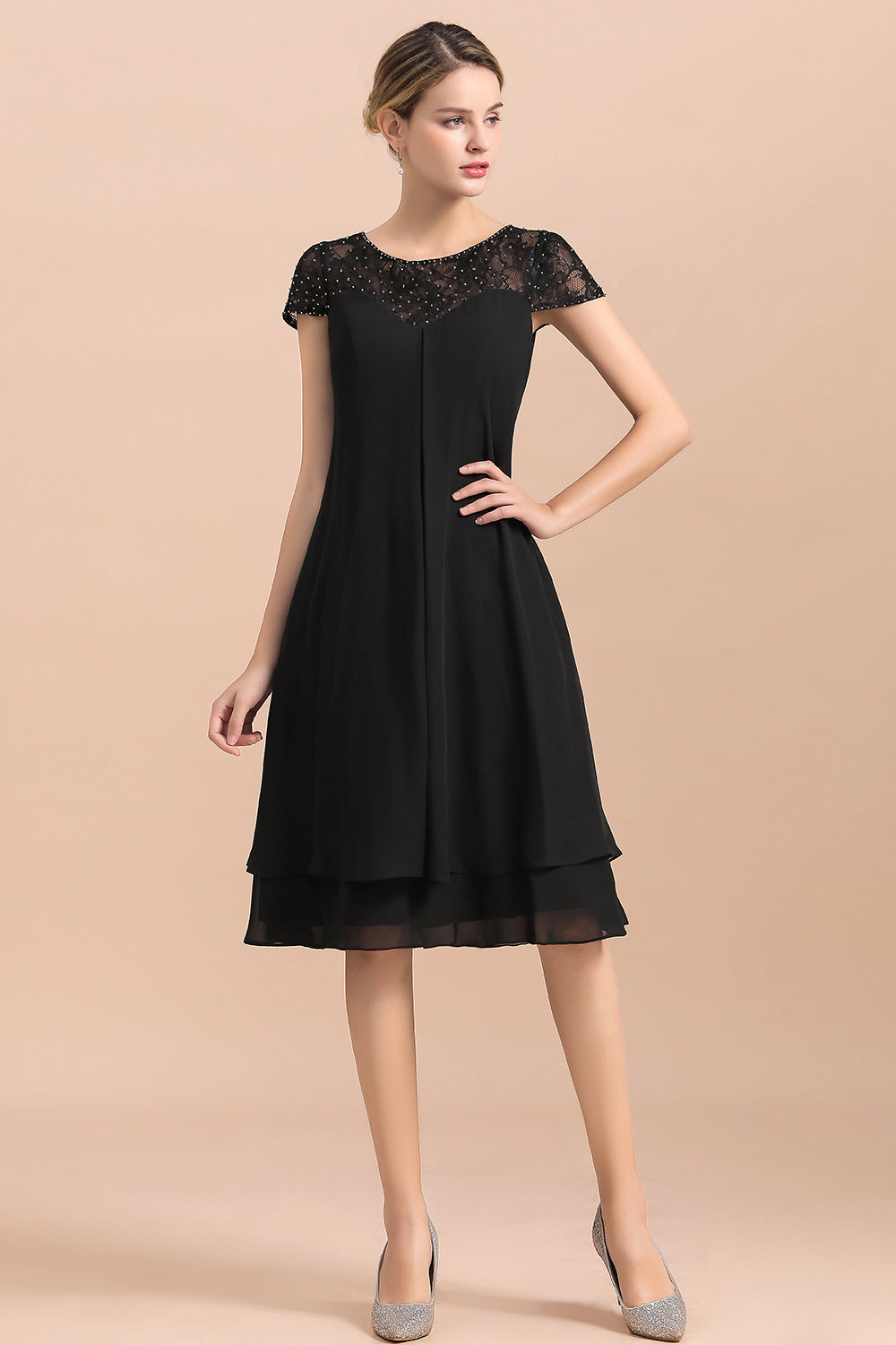 Elegante vestido negro de manga corta para la madre de la novia, de gasa, para bodas y fiestas.