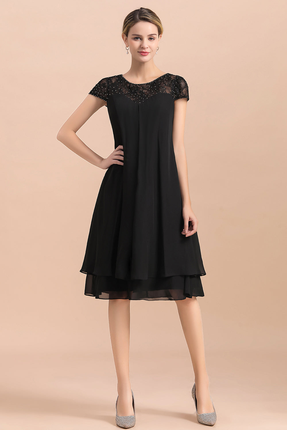 Elegante vestido negro de manga corta para la madre de la novia, de gasa, para bodas y fiestas.