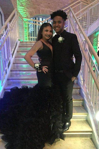 Vestidos formales negros elegantes sin mangas con escote sirena en V profundo