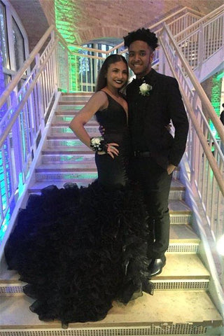 Vestidos formales negros elegantes sin mangas con escote sirena en V profundo