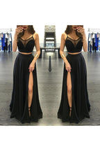 Chic Black Illusion Designer Two Pieces Formal DressesFront Split Spaghetti-Straps