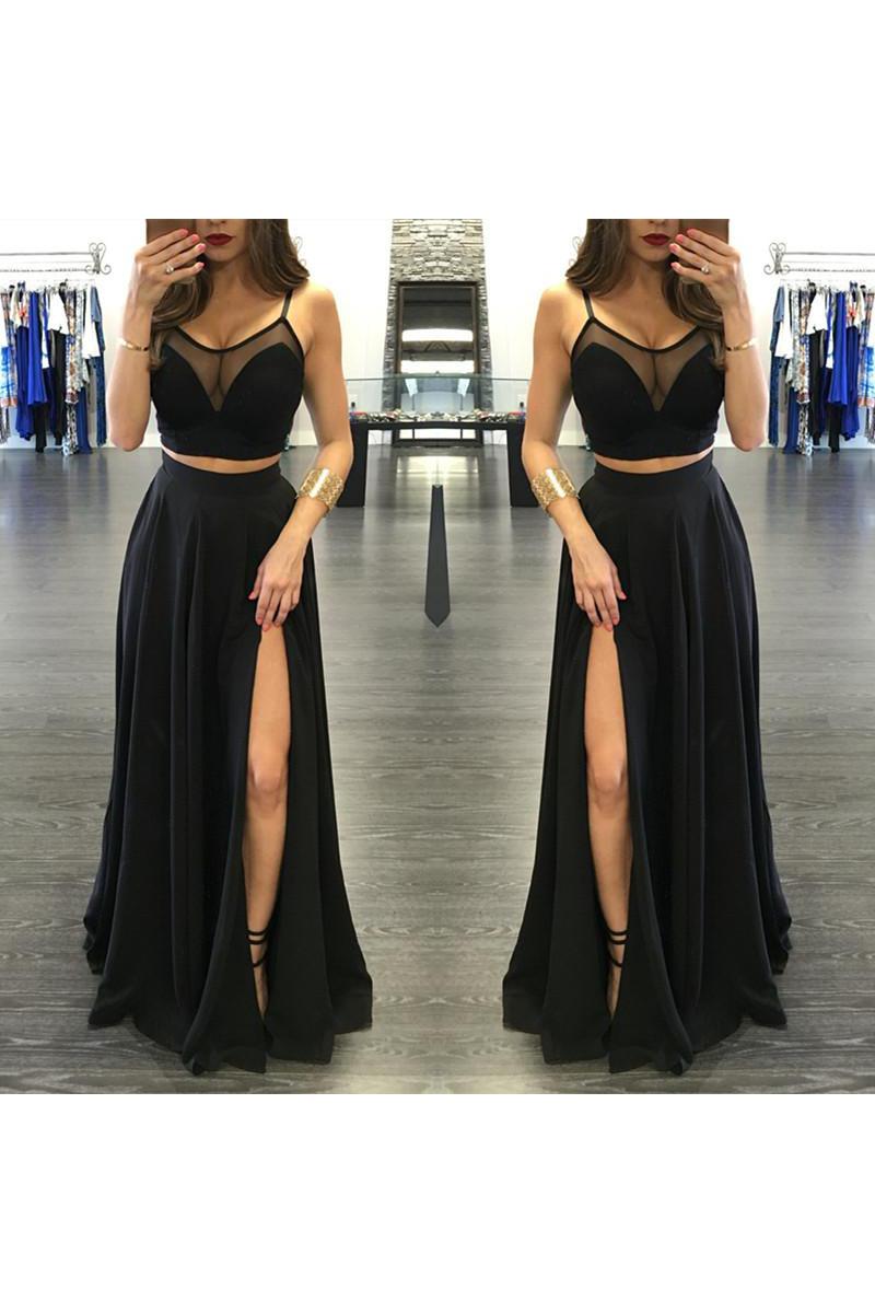Chic Black Illusion Designer Two Pieces Formal DressesFront Split Spaghetti-Straps
