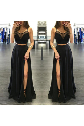 Chic Black Illusion Designer Two Pieces Formal DressesFront Split Spaghetti-Straps