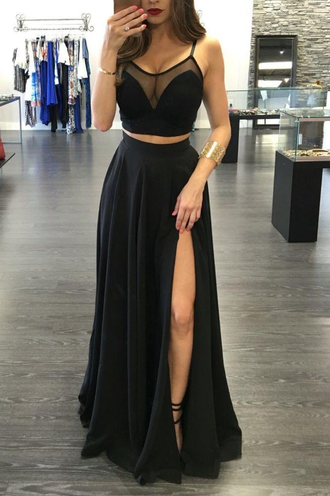 Chic Black Illusion Designer Two Pieces Formal DressesFront Split Spaghetti-Straps