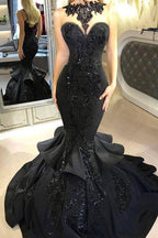 Vestidos de fiesta formales de sirena negros y elegantes, vestidos largos de lentejuelas con volantes.