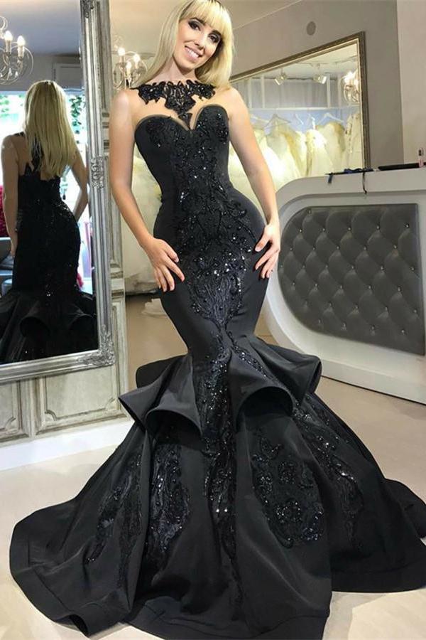 Vestidos de fiesta formales de sirena negros y elegantes, vestidos largos de lentejuelas con volantes.