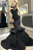 Vestidos de fiesta formales de sirena negros y elegantes, vestidos largos de lentejuelas con volantes.