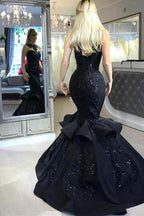 Vestidos de fiesta formales de sirena negros y elegantes, vestidos largos de lentejuelas con volantes.