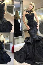 Vestidos de fiesta formales de sirena negros y elegantes, vestidos largos de lentejuelas con volantes.