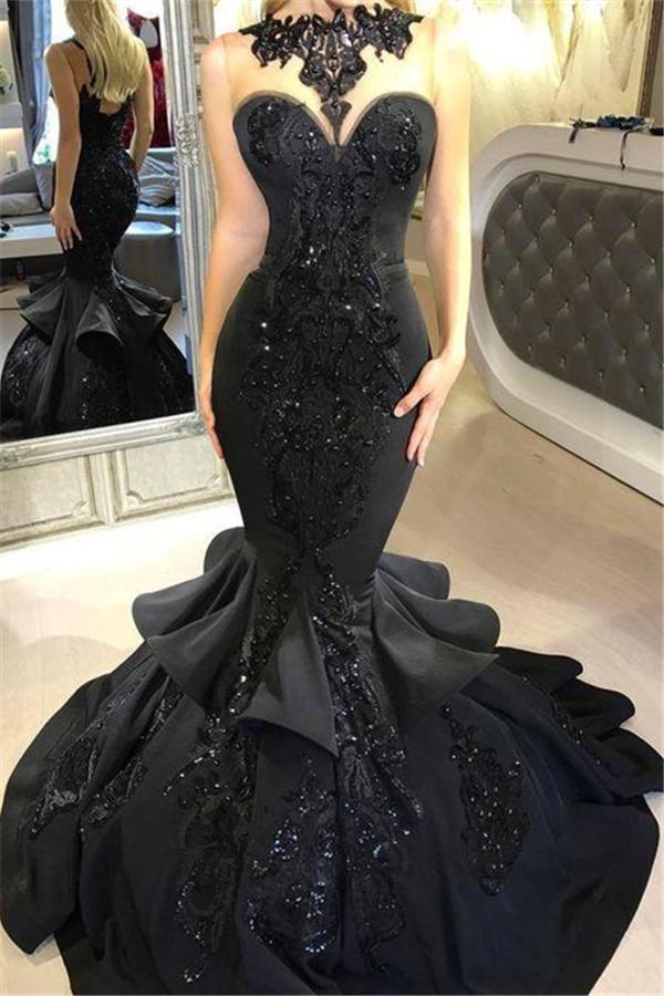 Vestidos de fiesta formales de sirena negros y elegantes, vestidos largos de lentejuelas con volantes.