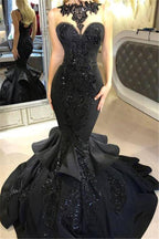 Vestidos de fiesta formales de sirena negros y elegantes, vestidos largos de lentejuelas con volantes.