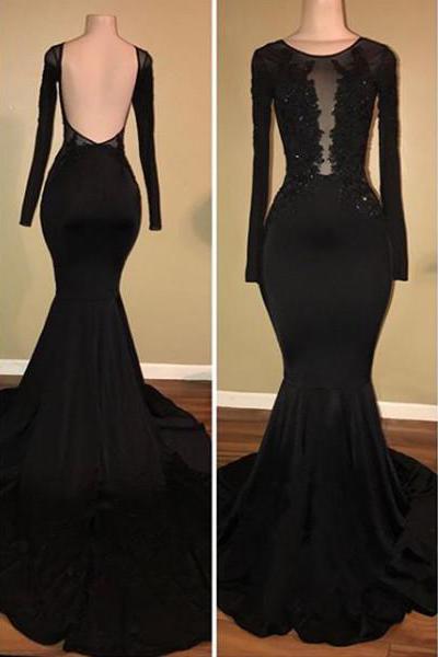 Chic Black Mermaid Formal DressesLong Sleevess With Lace Appliques
